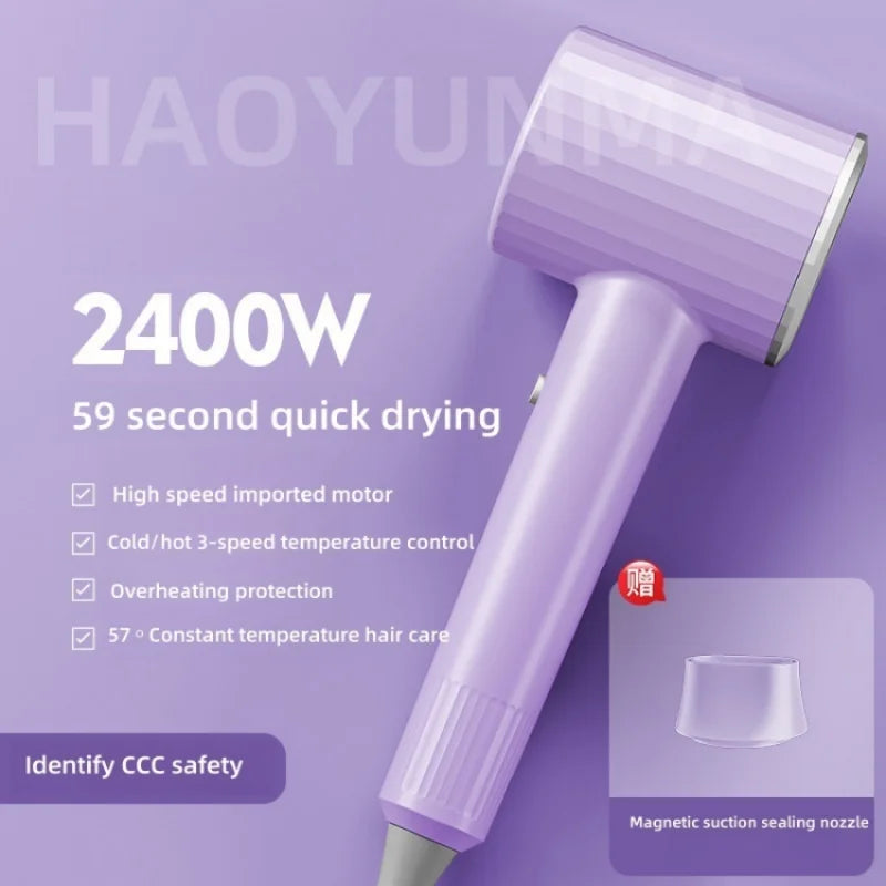 2400W purple ionic hair dryer with magnetic nozzle, 3-speed temperature control, and 59-second quick drying for salon.