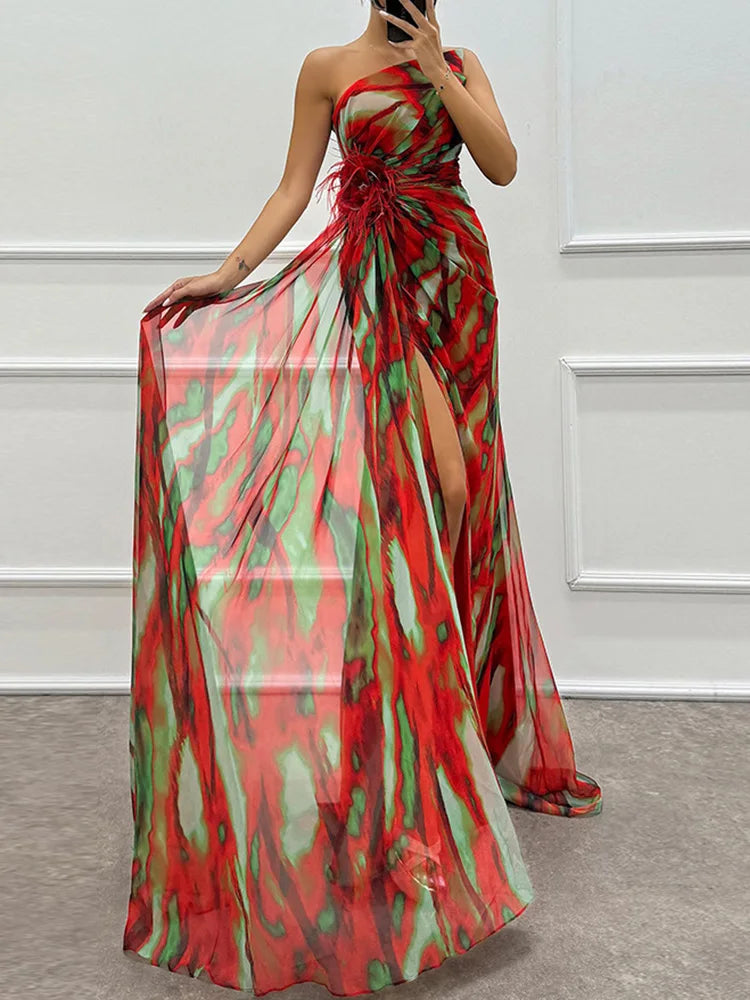 Printed Skew Collar Simple Party Dress, Women Summer Patchwork Sleeveless Elegant Maxi Dress, 2024 Backless Fashion Ladies Dress