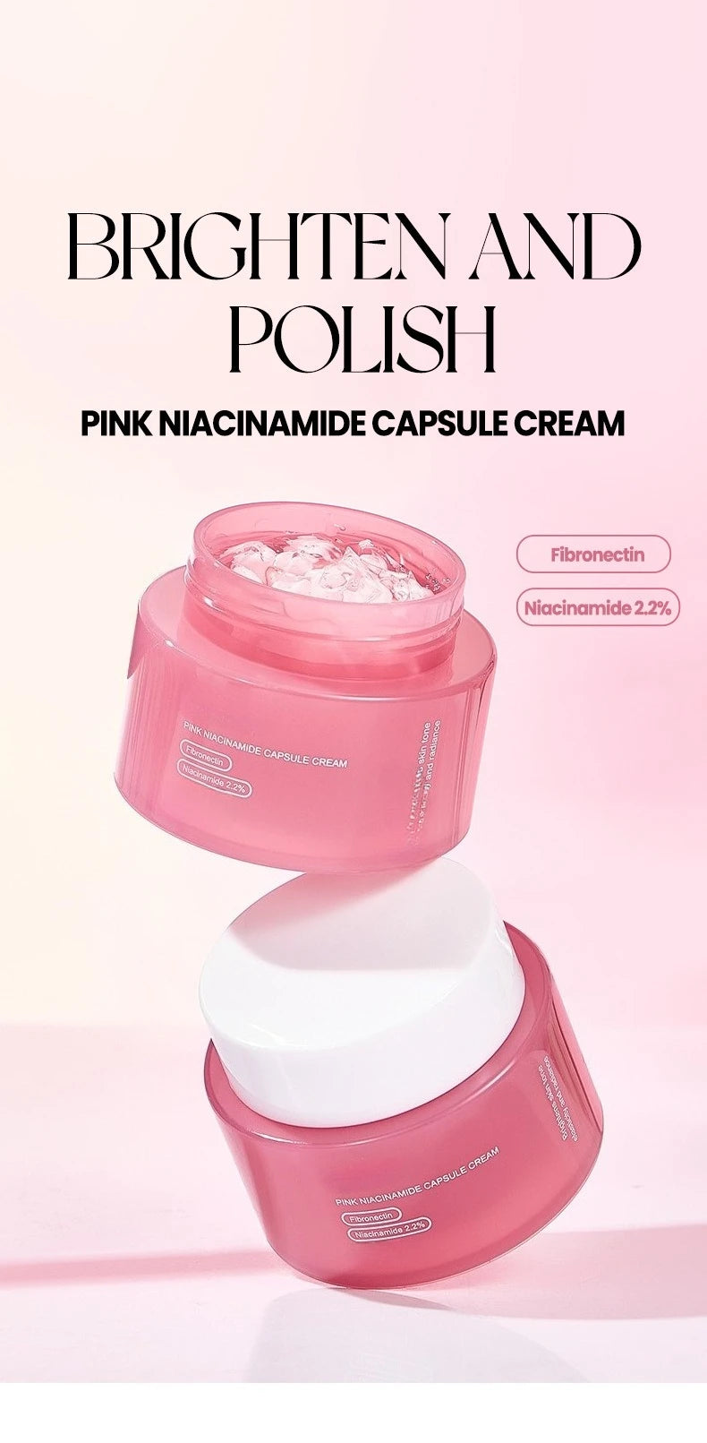 Two stacked pink glass jars of collagen capsule cream with visible white capsules inside an open jar.