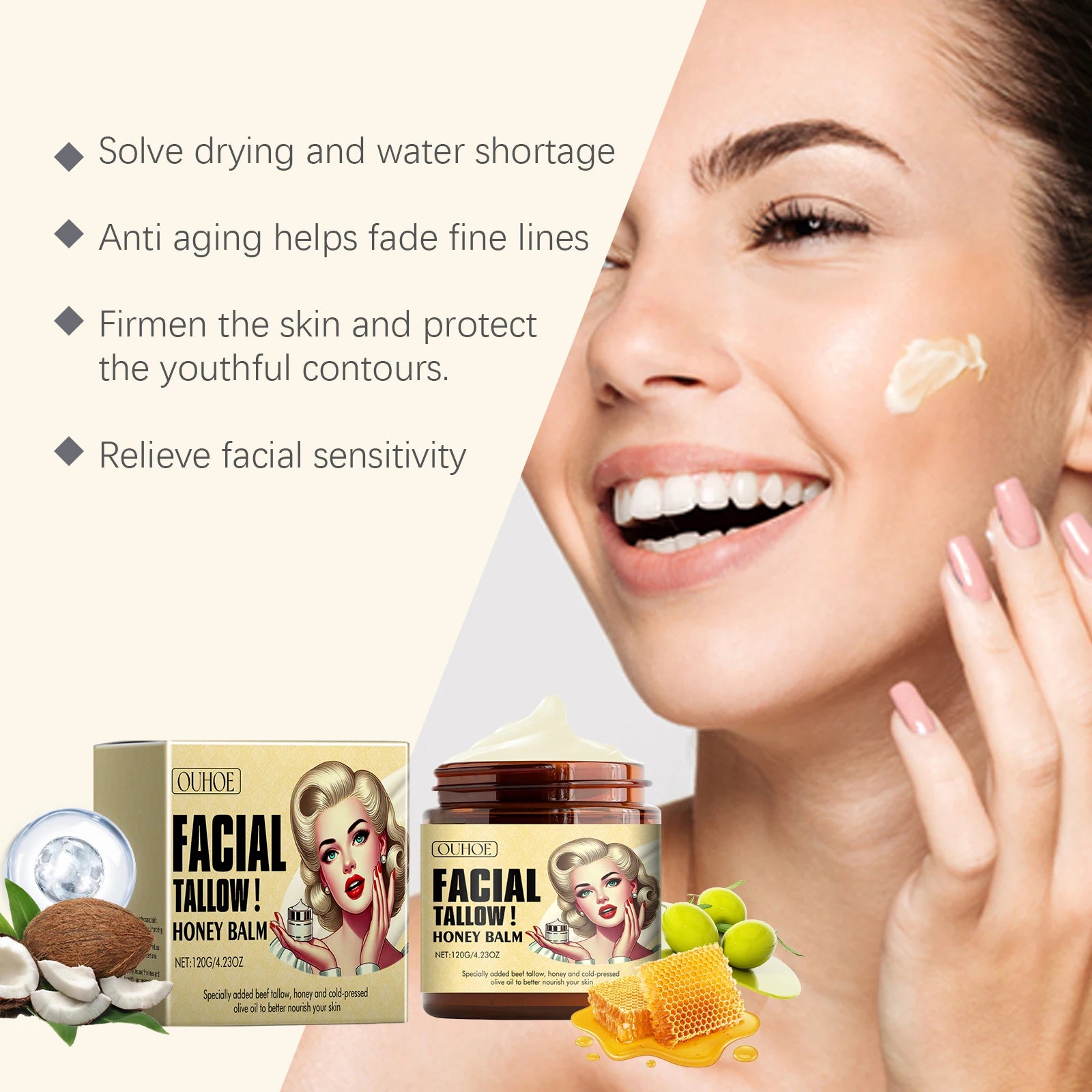 OUHOE Winter Skincare Facial Tallow Honey Balm Long-lasting Moisturizing Prevent Dryness Deep Nourish Skin Relieve Sensitivity