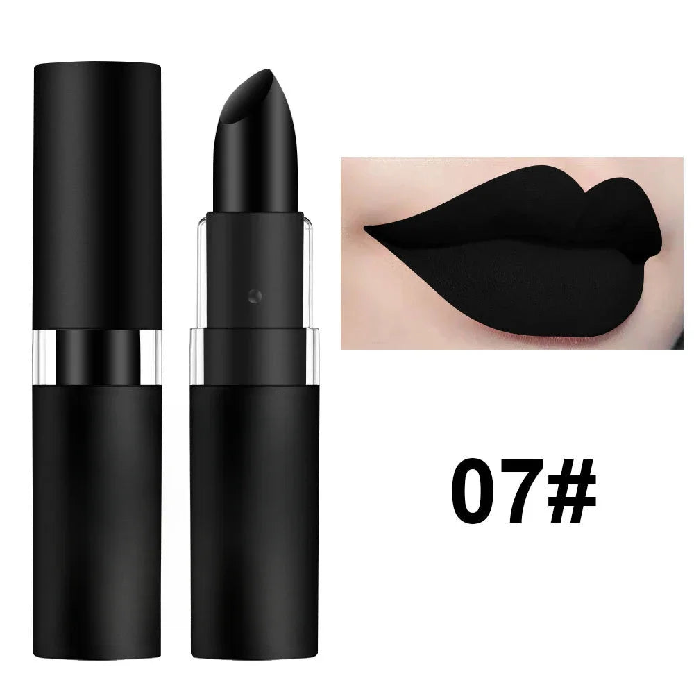 Matte black waterproof lipstick in sleek tube with swatch sample, 07# long-lasting velvet lip makeup.