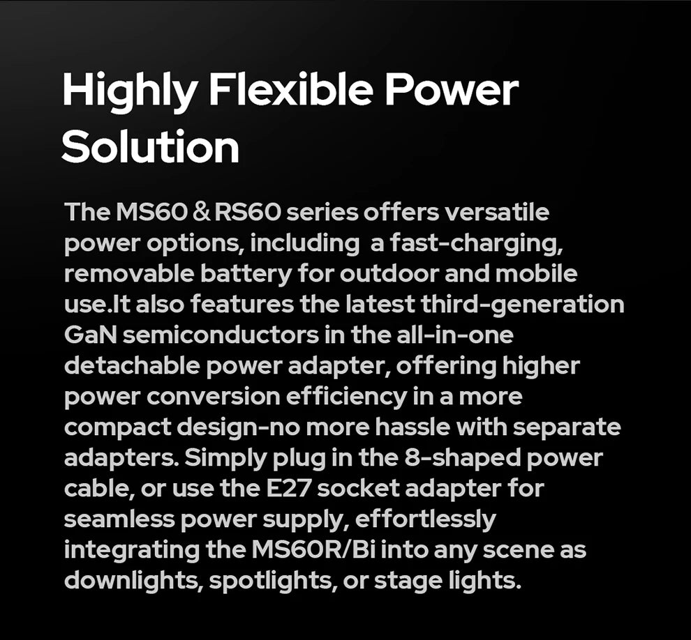 MS60 and RS60 series power systems featuring compact, detachable GaN battery adapters for portable lighting setups.
