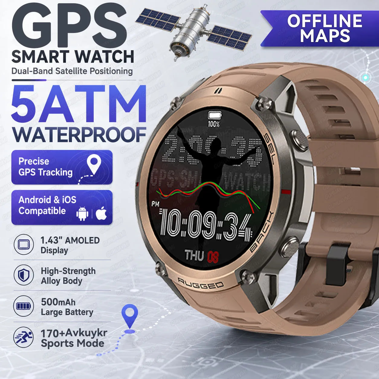 New Outdoor Sport GPS Position Smart Watch Men 1.43'AMOLED 170+Sport Mode 5ATM Waterproof Heart Rate Fitness Tracker Bracelets