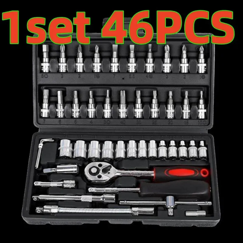 Car repair tool set case with chrome sockets and ratchet wrench, 46-piece set