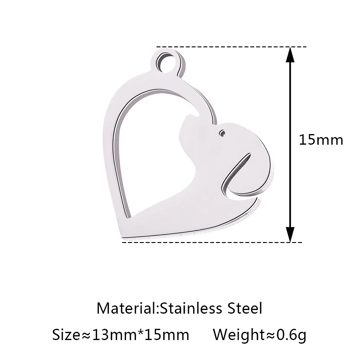 Silver stainless steel dog heart pendant charm, 15mm, perfect for DIY pet jewelry necklaces and bracelets.