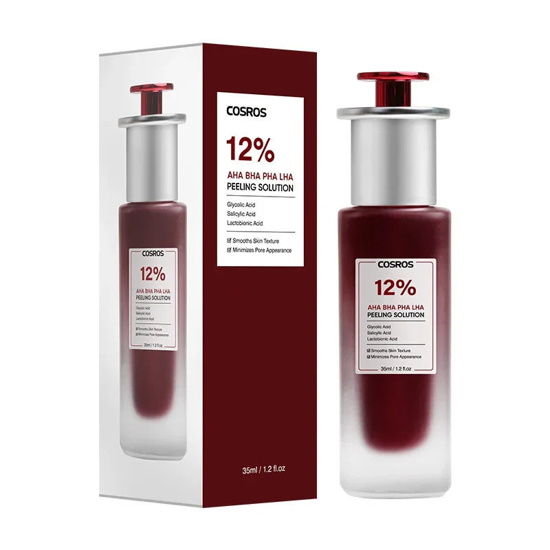 Cosros 12% peeling solution bottle and its maroon packaging box, featuring a plunger-style dispenser lid.
