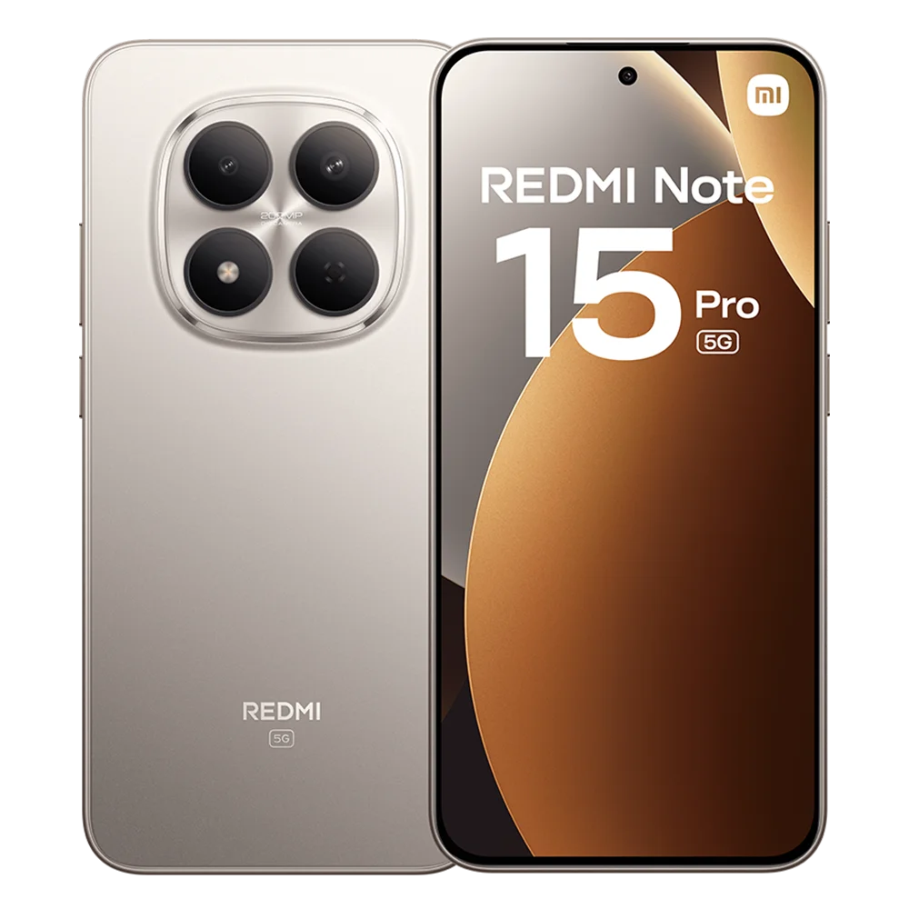 Xiaomi Redmi Note 15 Pro 5G: Silver smartphone, front and back view, 200MP camera, 1.5K AMOLED display.
