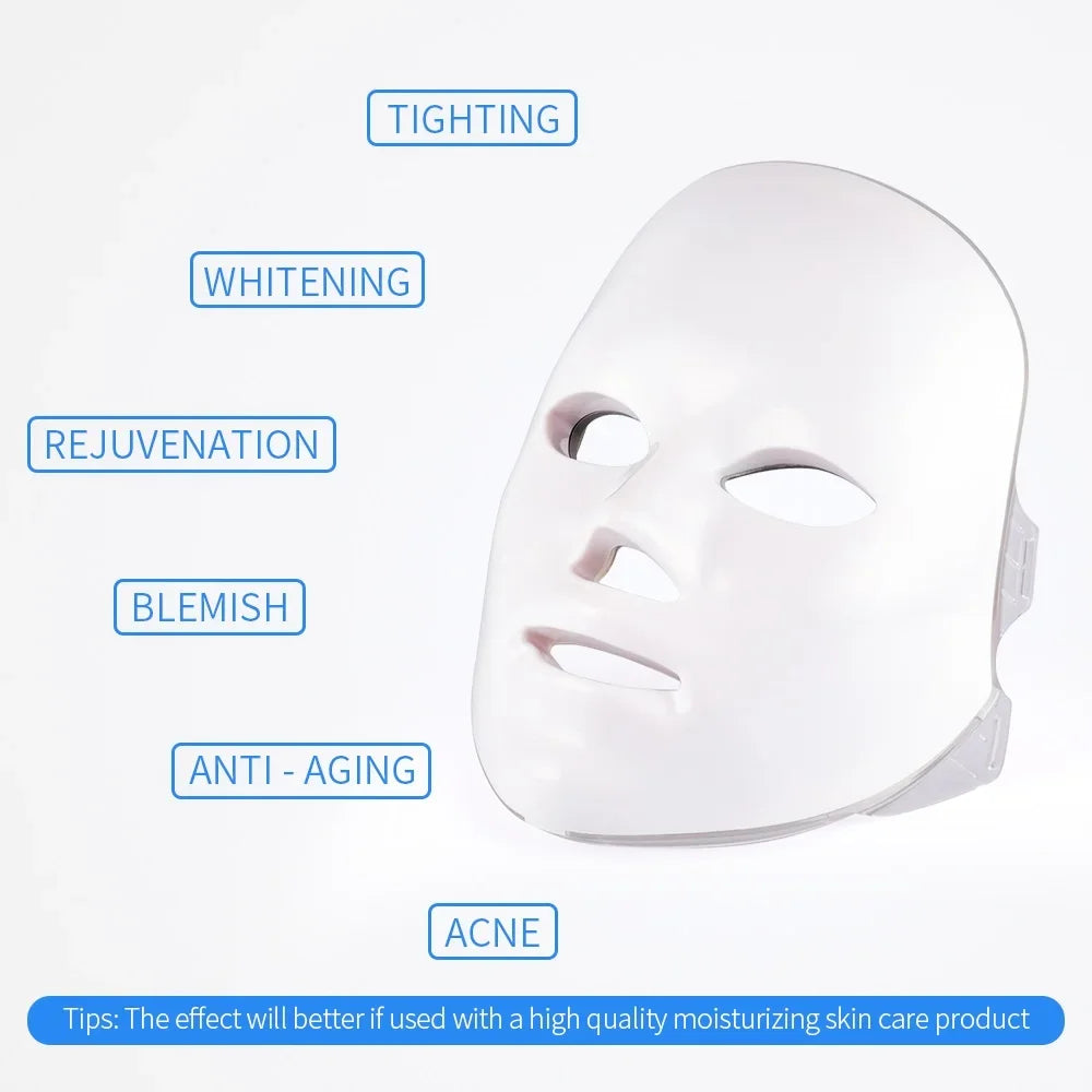 White plastic LED facial mask for skin therapy with text labels for skin benefits like whitening, acne, and anti-aging.