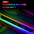 Rectangular car door sill protector with multi-color LED light strip and customizable logo for vehicle threshold.