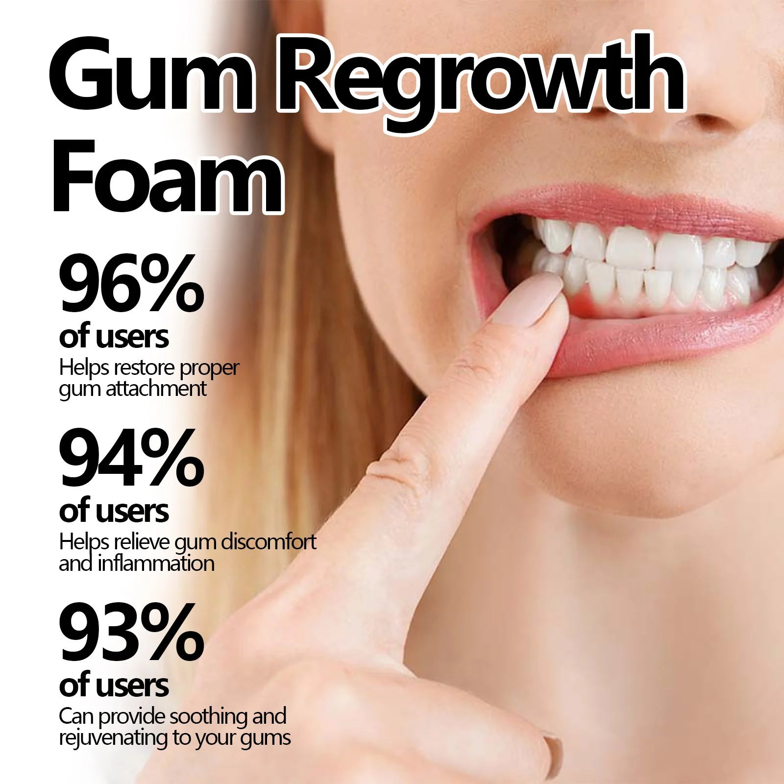 Tidesmit gum regrowth foam for teeth whitening, yellow stain removal, and dental decay relief.