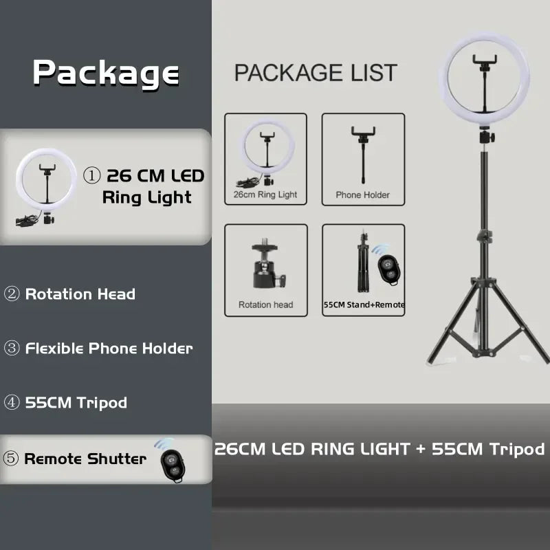 LED Ring Light with Tripod Stand - 10in and 12in Adjustable Studio Lighting 10in Ring BK55cm Tidesmit