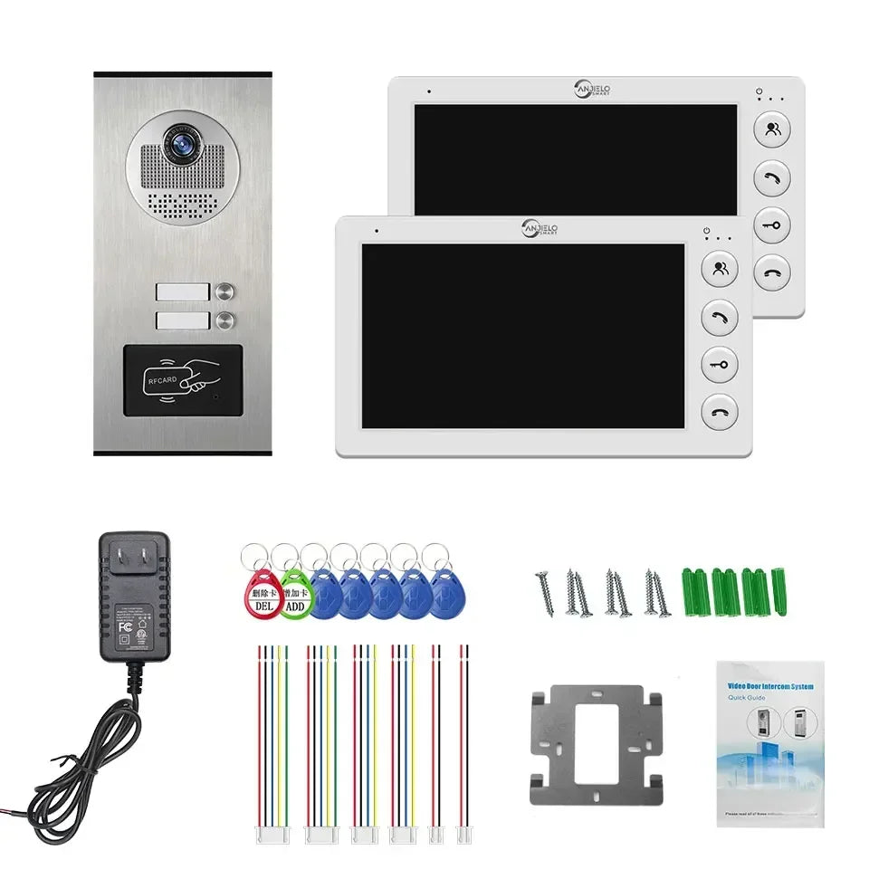 ANJIELO 7-inch 4-cable video door telephone system 2/3/4-unit multi-apartment intercom video doorbell with RFID card unlocking