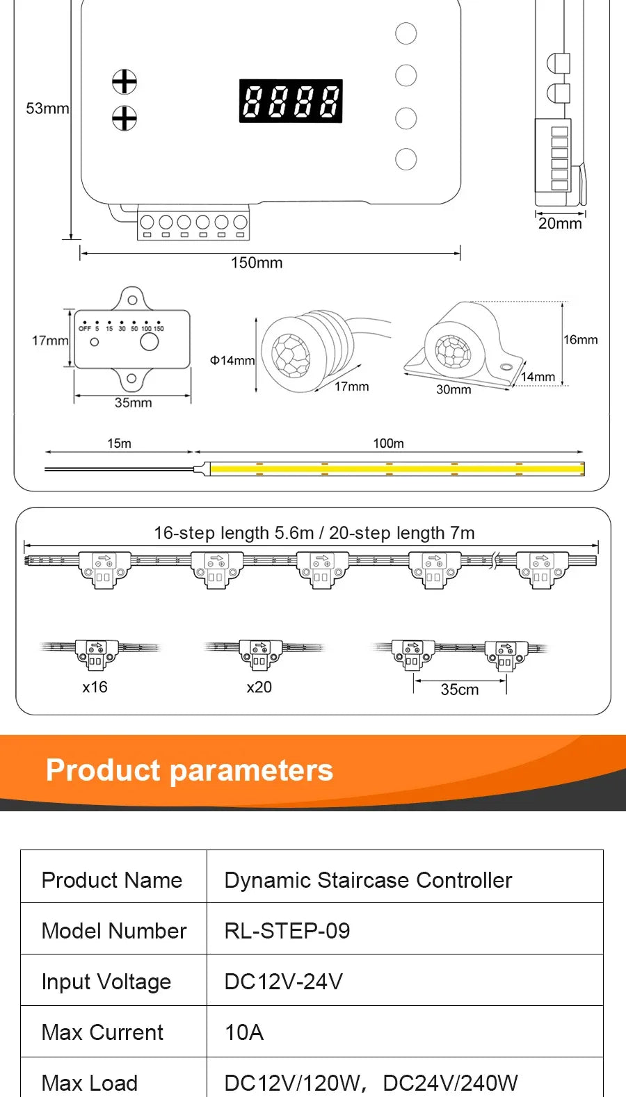 Dynamic staircase controller dimensions and product parameters with digital display