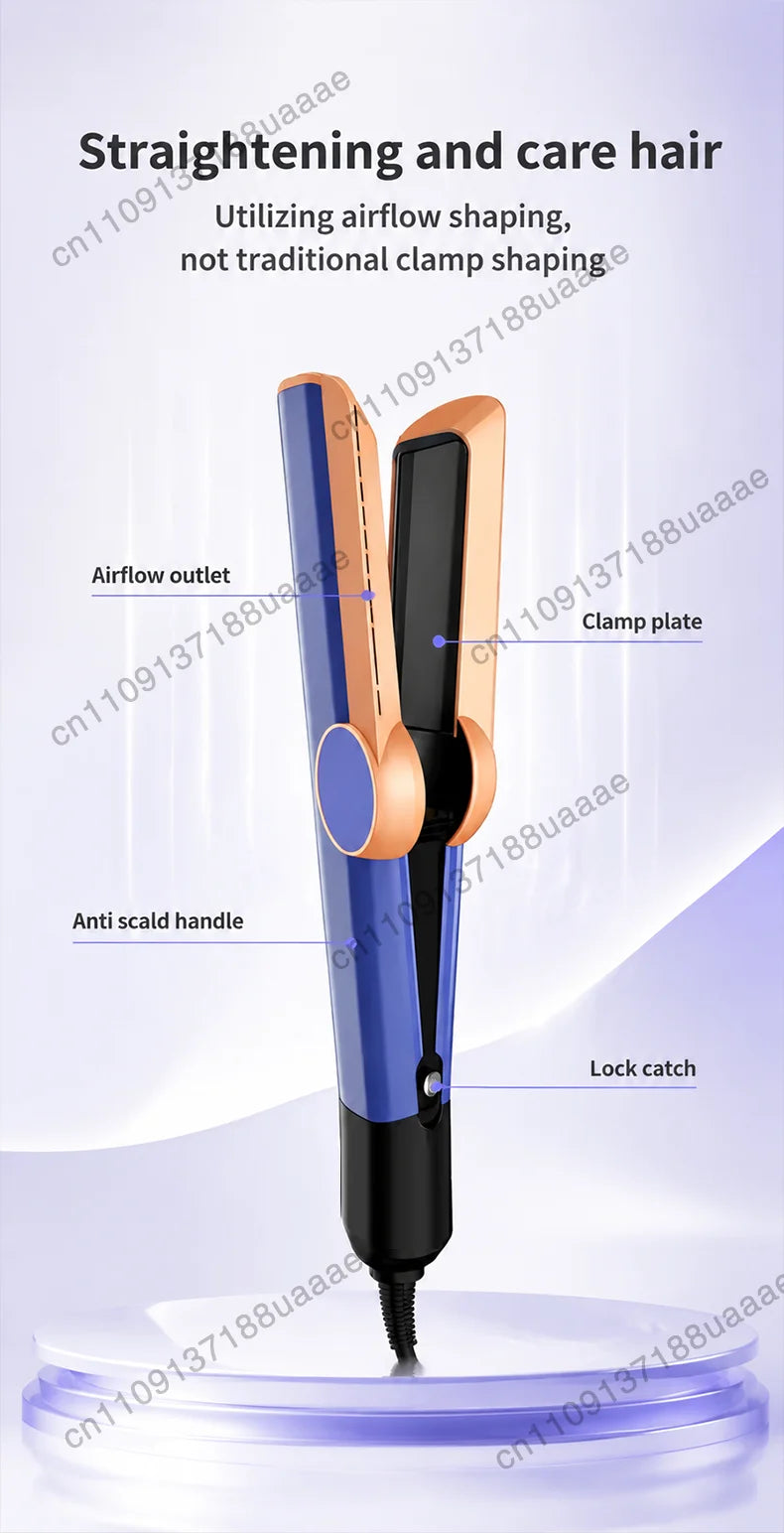 Blue and copper 2-in-1 hair dryer and straightener with airflow vents, clamp plates, and anti-scald handle.