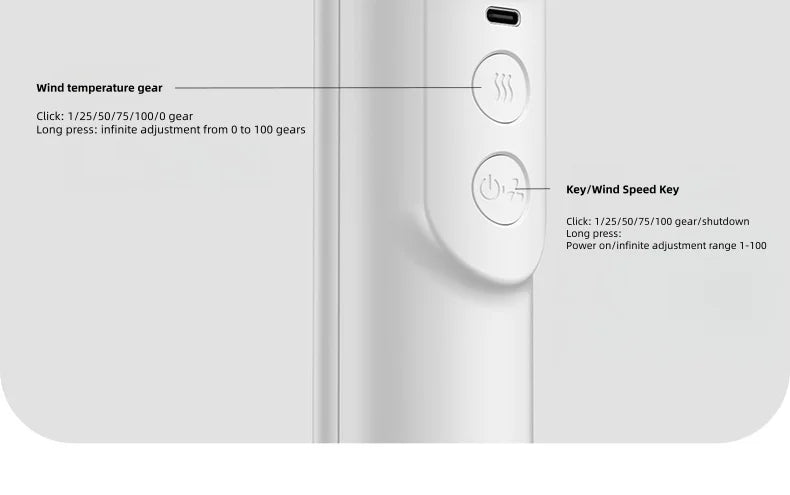 White wireless hair dryer handle with precise wind speed and temperature control buttons for travel and dorm use.