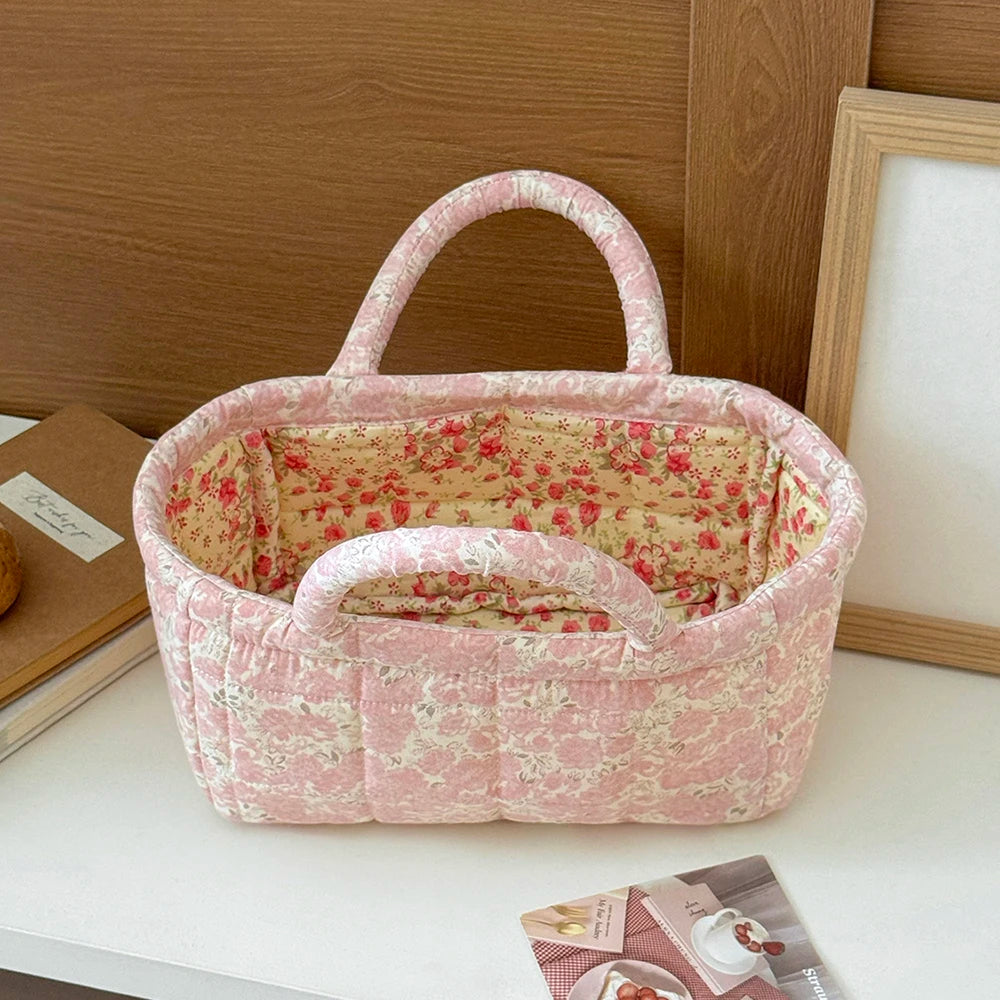 Airfriend Cute Pink Flower Organizers Basket With Handle Home Room Quilted Foldable Storage Basket For Pet Toys Organizer Basket