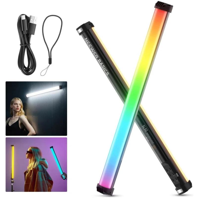 RGB LED light stick for photography with USB-C cable and lanyard. Cylindrical black housing with adjustable color.