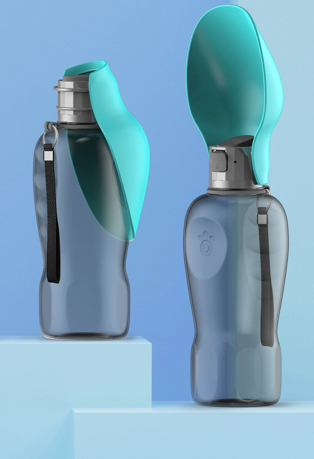 800ml portable dog water bottle with teal bowl attachment, perfect for outdoor travel and hydration for dogs and cats.