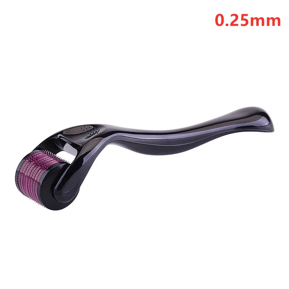 0.25mm derma roller with a black ergonomic handle and a roller head featuring 540 fine purple stainless steel needles.
