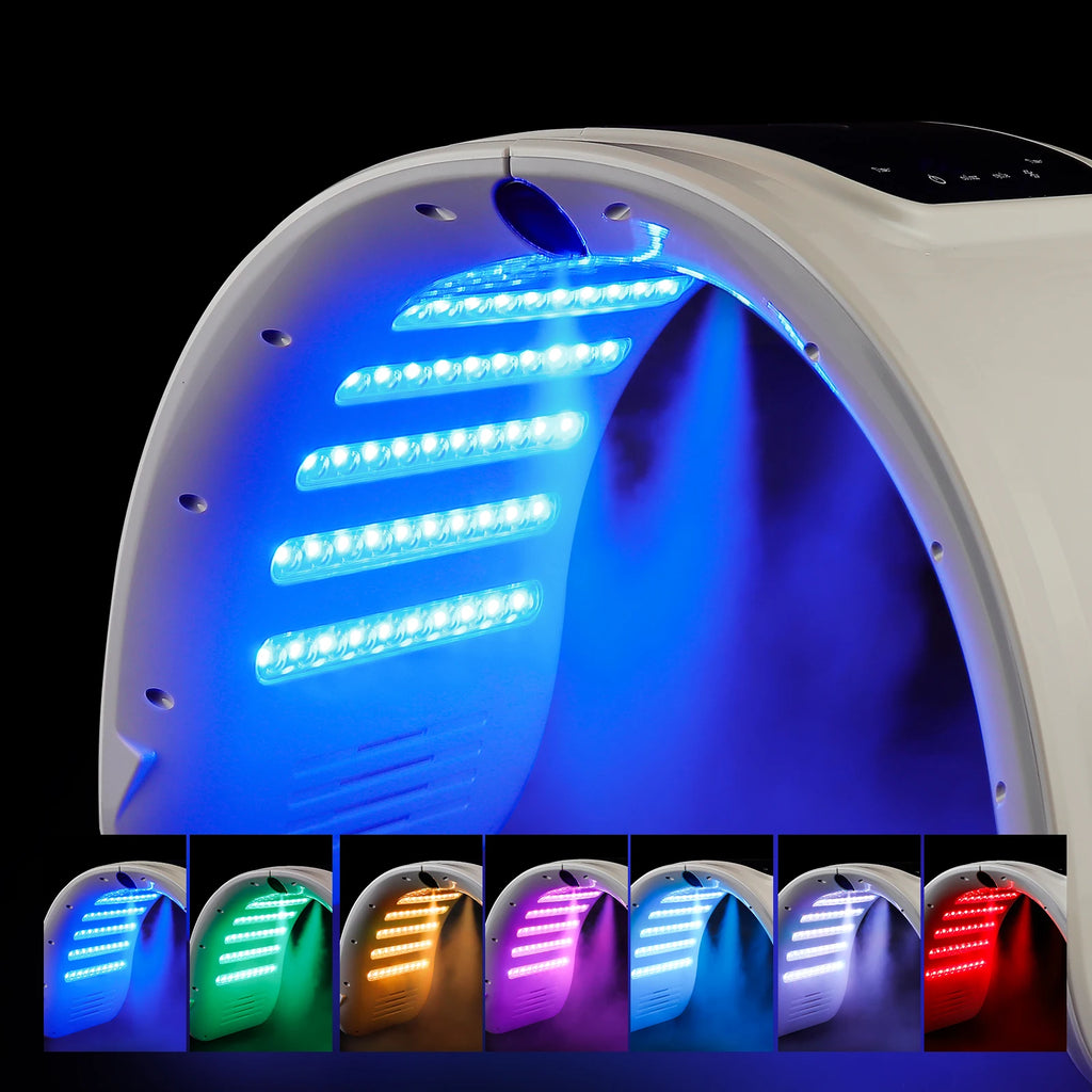 Arched white plastic LED light therapy mask for facial skin rejuvenation, showing various color settings.
