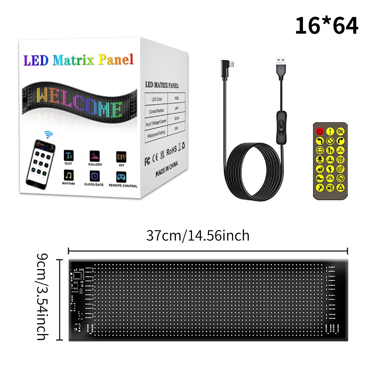Car LED Matrix Pixel Panel 16x64 - Customizable RGB Scrolling Text Display 16x64LED 9X37CM Tidesmit