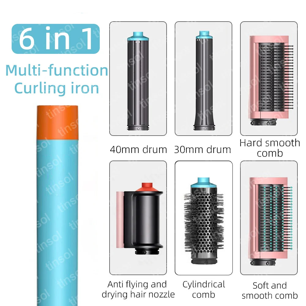6-in-1 high-speed hair dryer set with pink and blue curling irons, styling brushes, and drying nozzles for all hair.