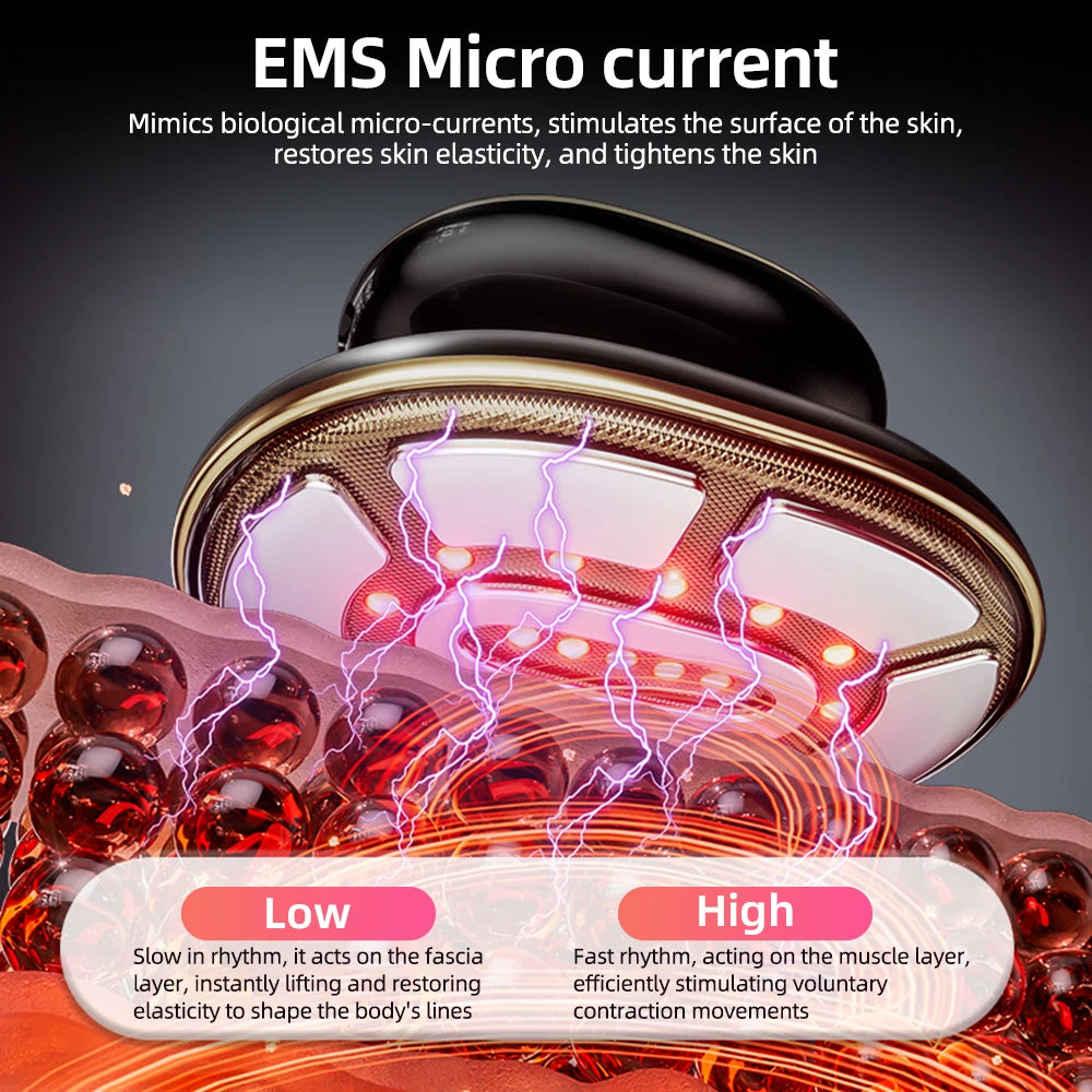 Black and gold handheld EMS facial tightening device with light and electrical current effects for skin stimulation.