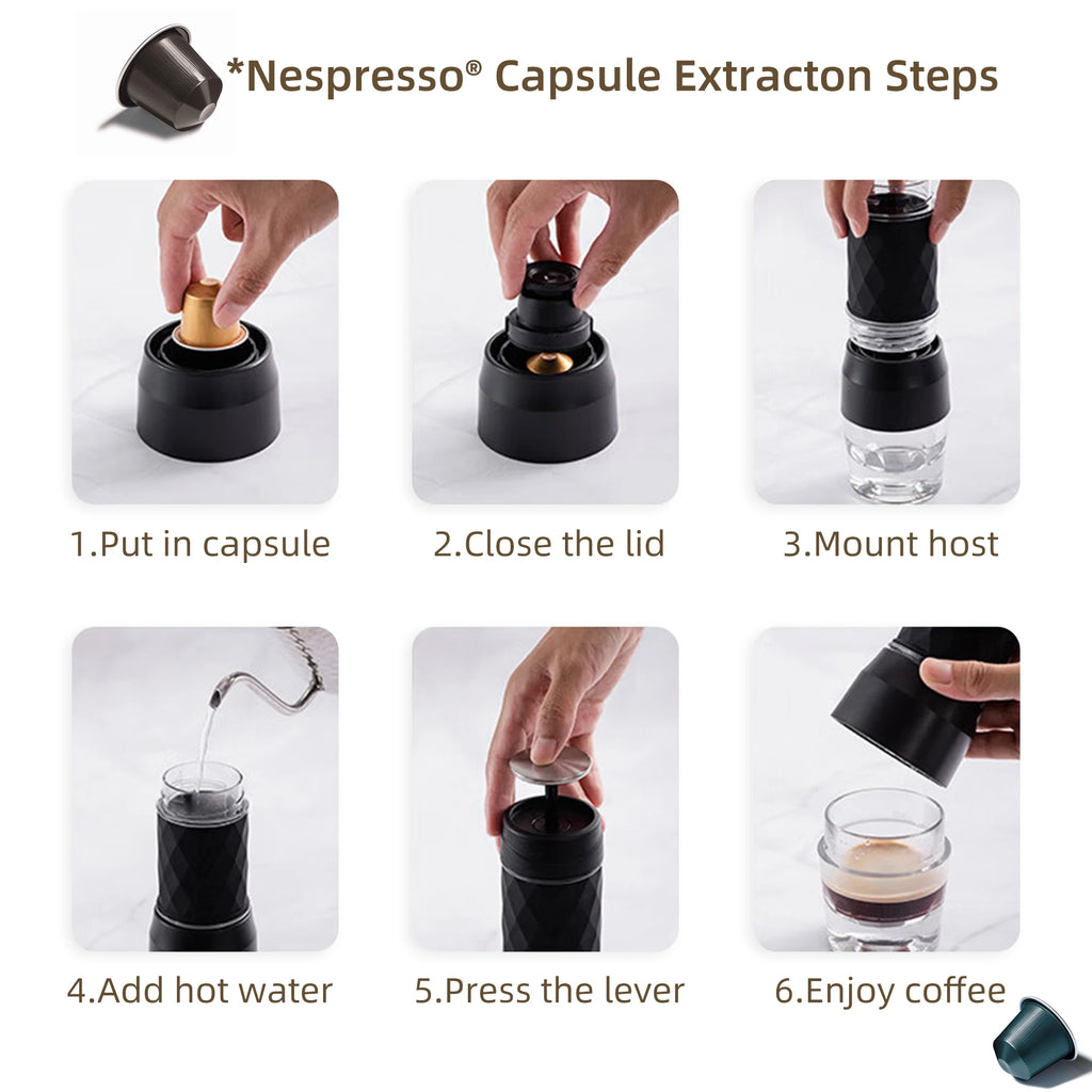 Instructions for portable black manual coffee maker compatible with Nespresso capsules in six easy steps.
