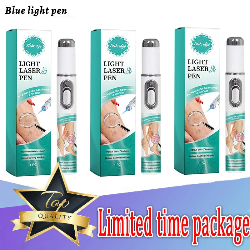 Three Slibridge vein blue light pens with white and silver bodies, each shown next to its teal product box.