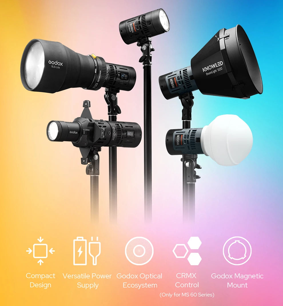 Five black LED studio lights with various attachments on light stands, set against a yellow-to-blue gradient background.