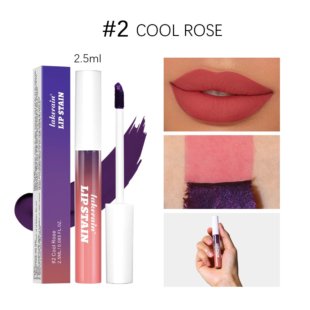 Lakerain peel-off lip stain in #2 Cool Rose: waterproof matte mist lipstick with natural rose finish and applicator.