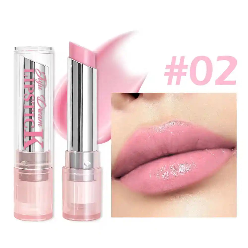 Pink magic color-changing lip balm with hydrating, glossy finish for a natural, moisturized look on lips.