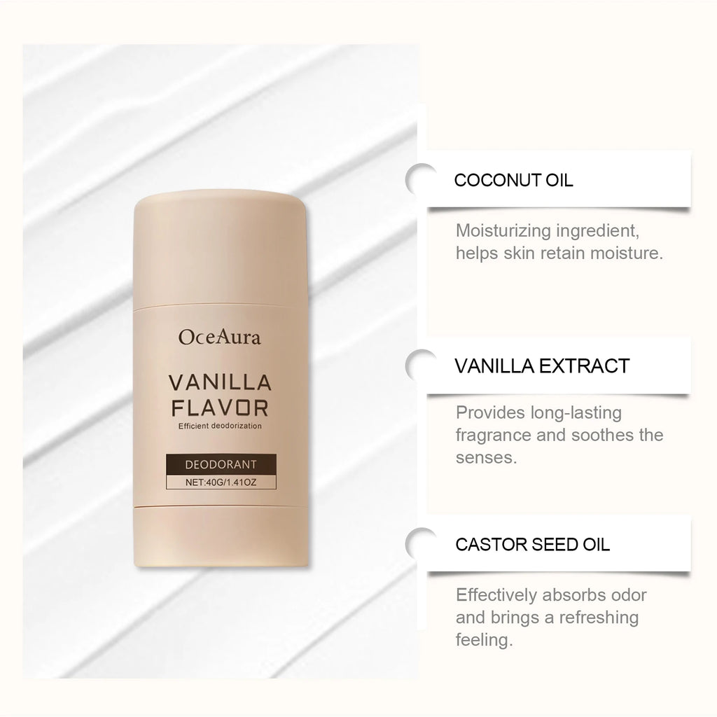 Tidesmit OceAura Vanilla moisturizing antiperspirant deodorant for women with Vitamin E for fresh, odor-free underarms.