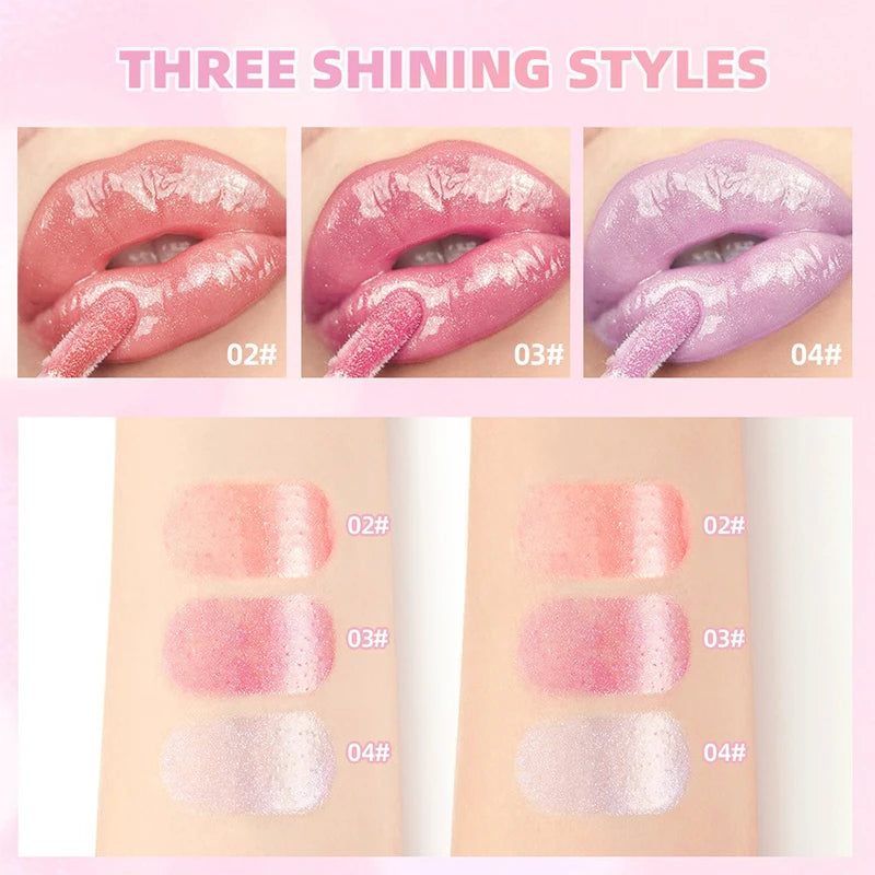 Shimmering taro purple, pink, and peach lip gloss with gold sparkle for a glassy, plumping jelly finish and high shine.