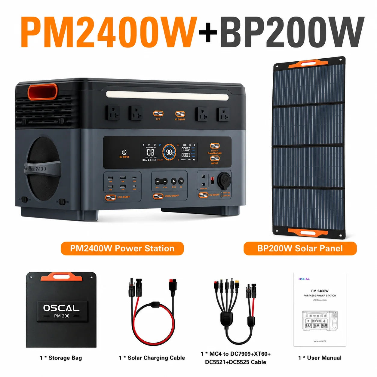 OSCAL PowerMax2400 Portable Power Station, equipped with a 200W solar panel / can be additionally expanded with a separate solar generator, 4 AC outlets, Bluetooth connectivity, suitable for home, camping, RVs, and power outa