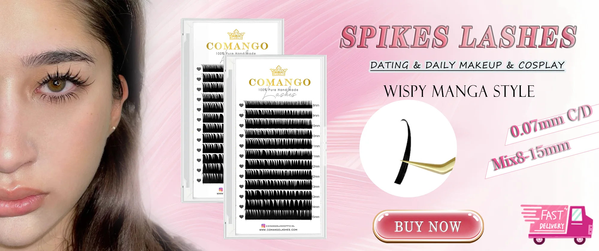 Black wispy manga-style spike lashes, 0.07mm thickness, 8-15mm length for daily makeup or cosplay.