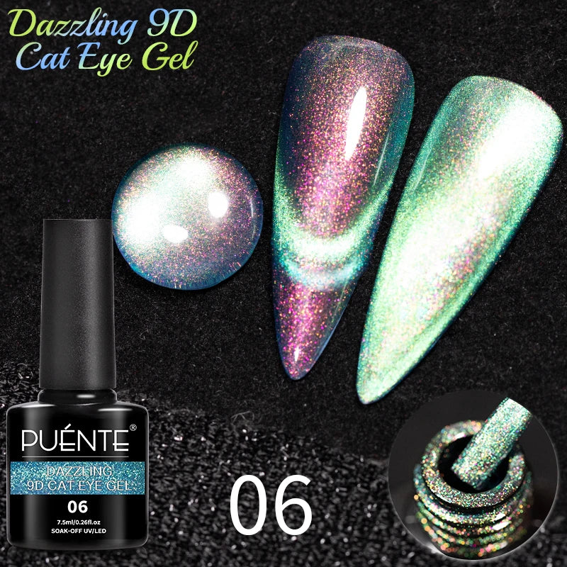 9D cat eye gel polish in shade 06, showing magnetic holographic shimmer on two nail swatches and a 7.5ml black bottle.