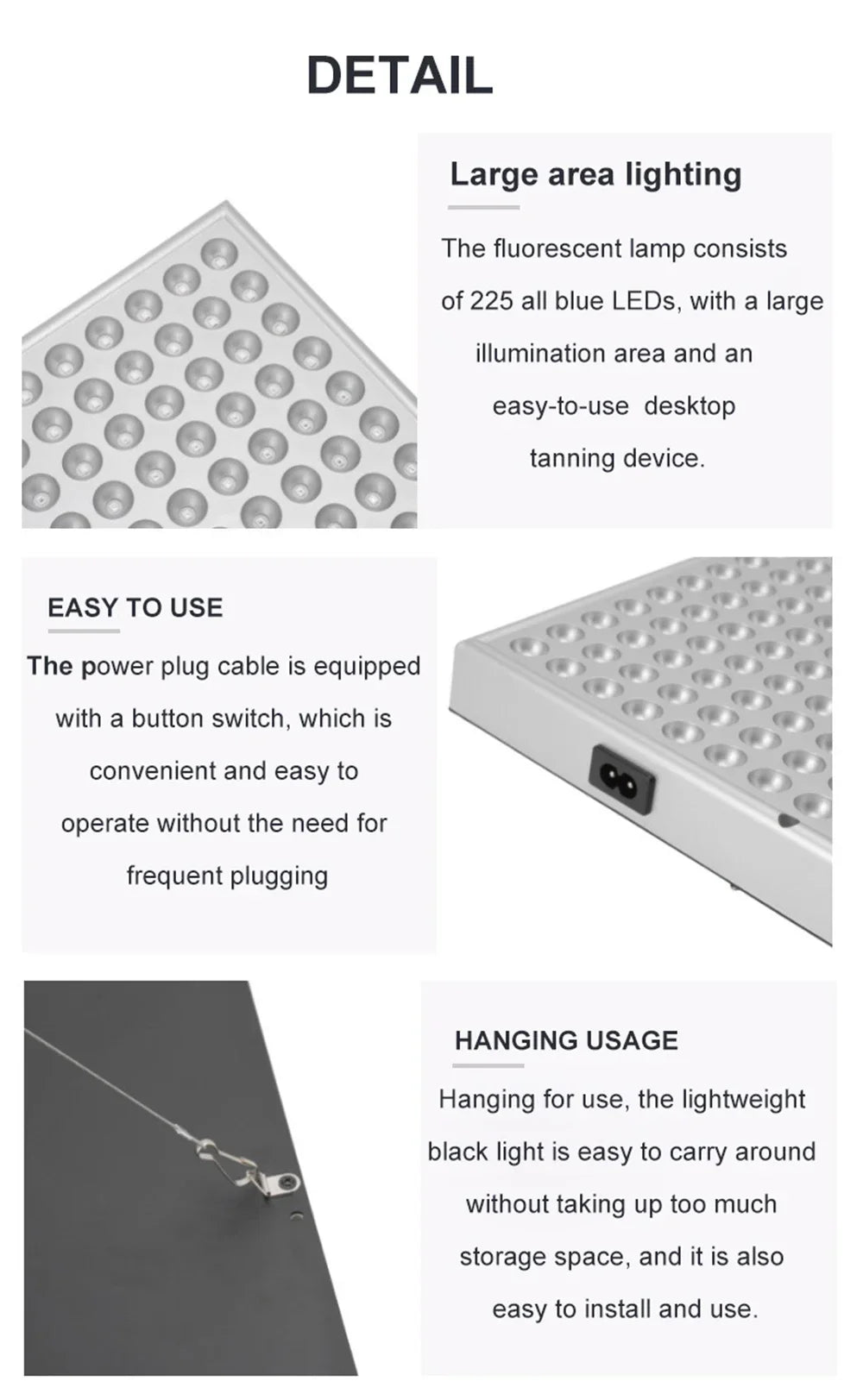 UV tanning lamp with 225 LEDs, adjustable hanging design, and power switch for home skin care and body tanning use.