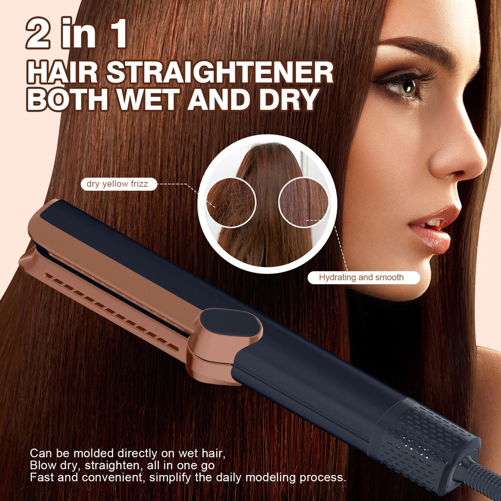 2in1 hair straightener and dryer in rose gold and black for wet or dry hair styling, creating smooth, frizz-free hair.