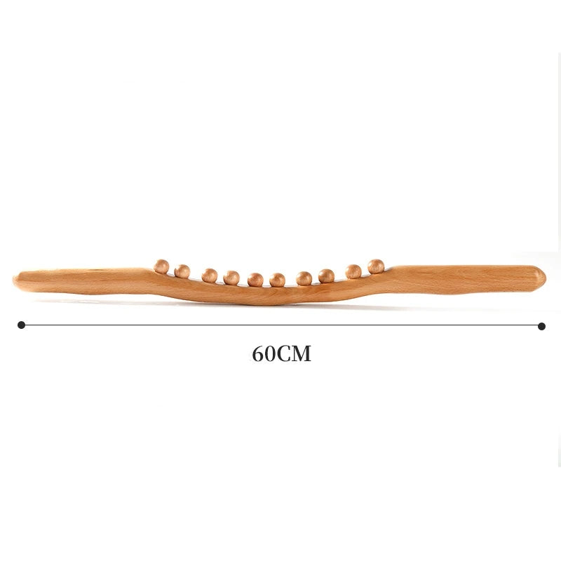 60cm wooden back massager stick with 11 rolling beads for full-body muscle relief and acupressure.