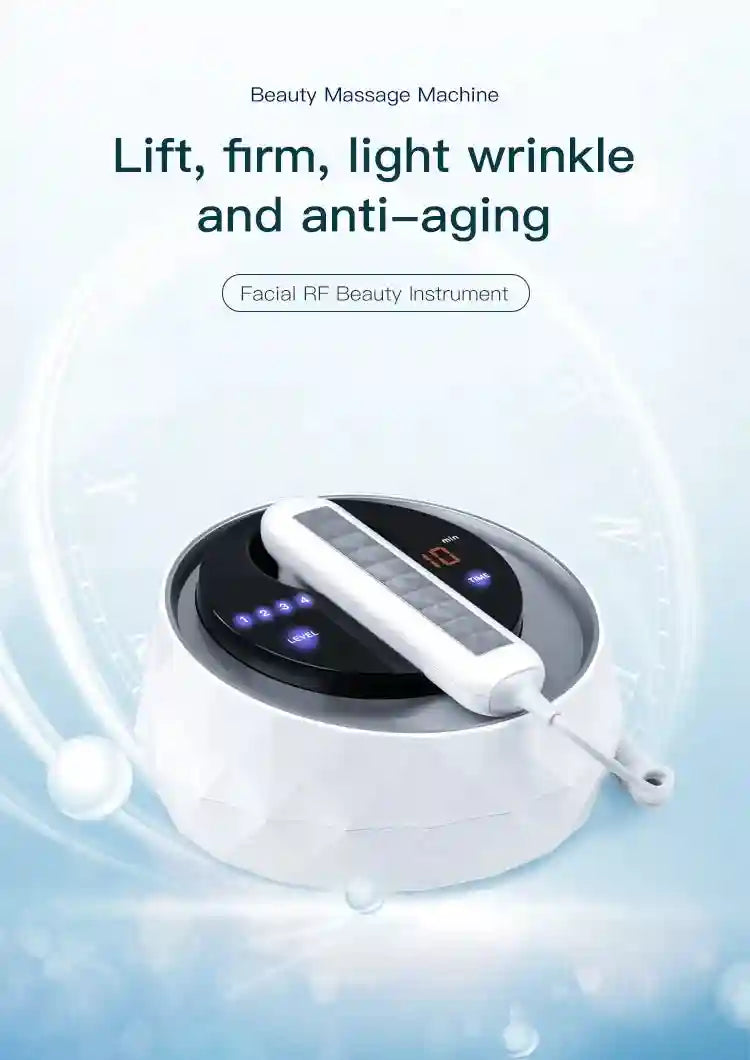 White, multifaceted RF beauty device with a digital display and handheld wand on a light blue background.