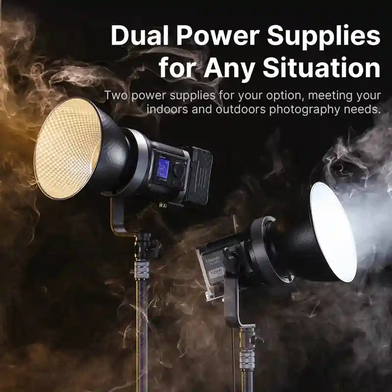 Two black COB photography lights on stands, featuring round reflectors for indoor and outdoor studio lighting setups.