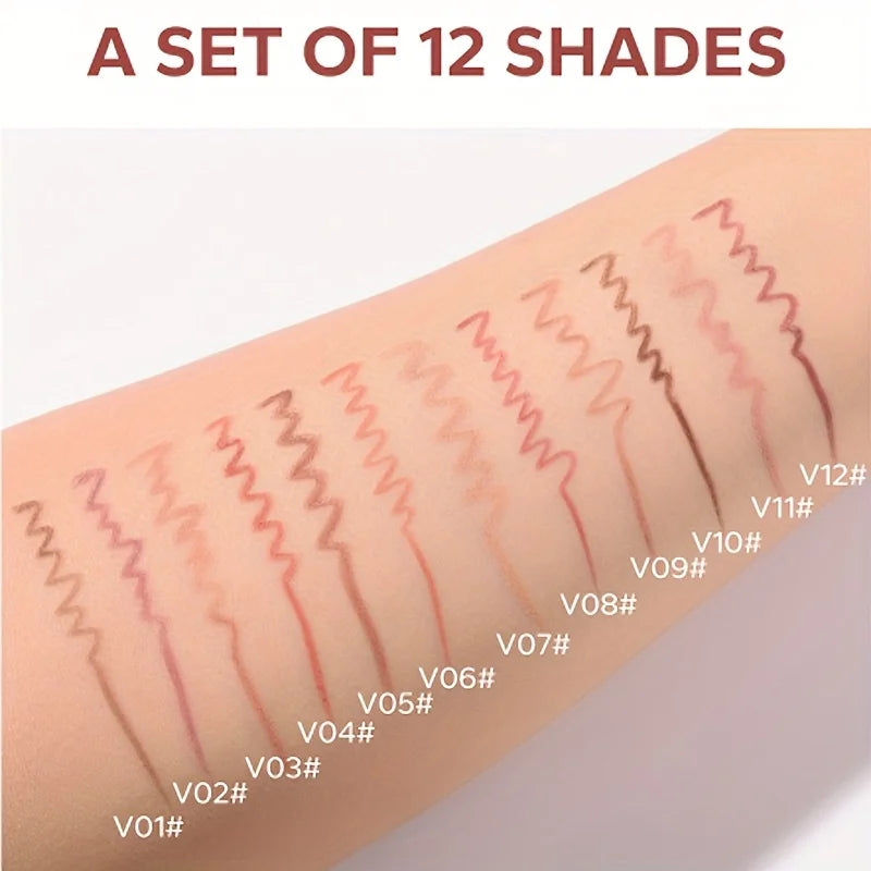 12 highly pigmented matte lip liner swatches on arm, showing long-lasting transfer-resistant colors from V01 to V12.
