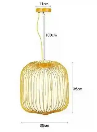 Yellow wire cage pendant light, 35cm diameter and height, with 100cm adjustable cord for ceiling installation.