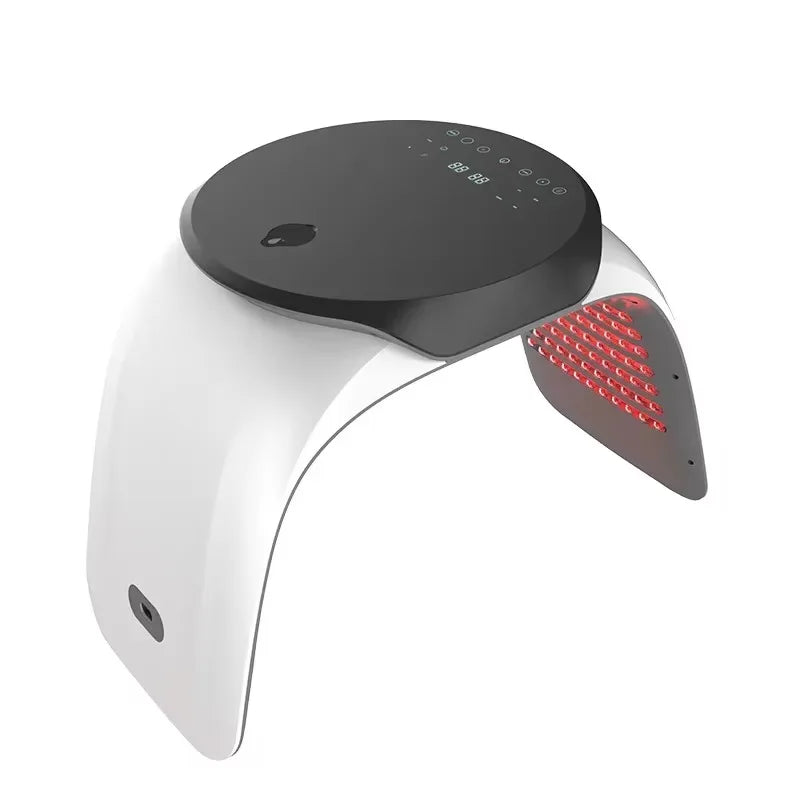 Portable red light PDT facial rejuvenation mask with digital control panel for home skincare therapy.