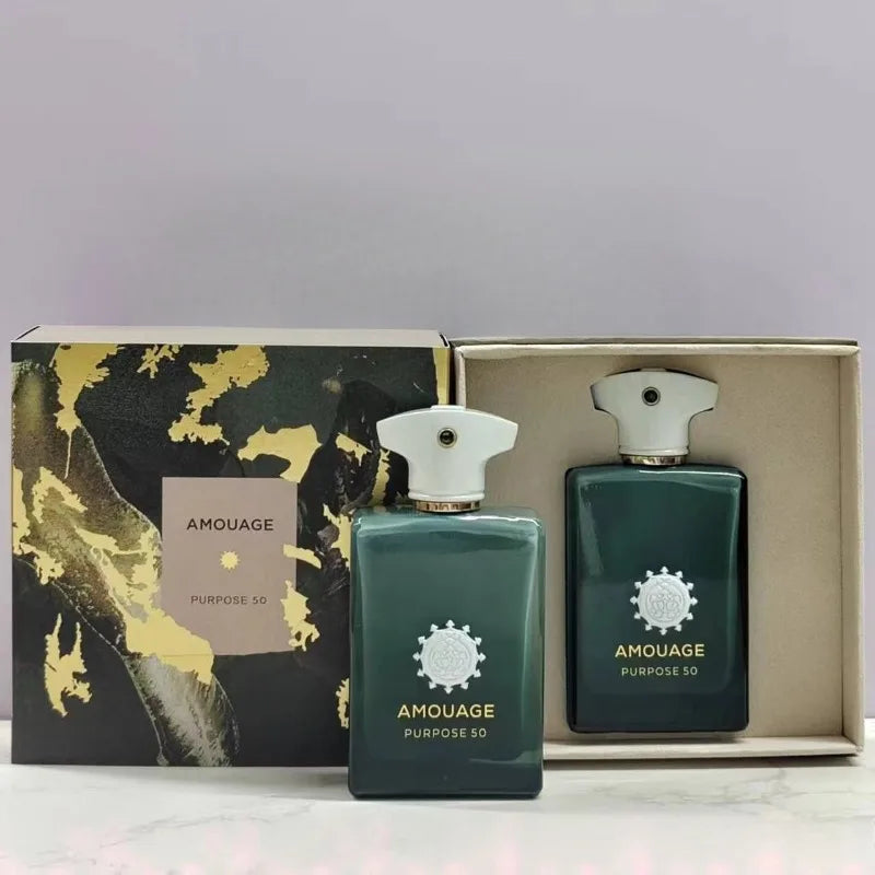 Amouage Purpose 50 men's perfume gift set with green rectangular bottles and elegant white magnetic caps.