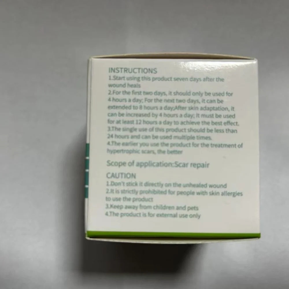 Product packaging showing instructions and safety cautions for silicone scar sheets and stretch mark tape.