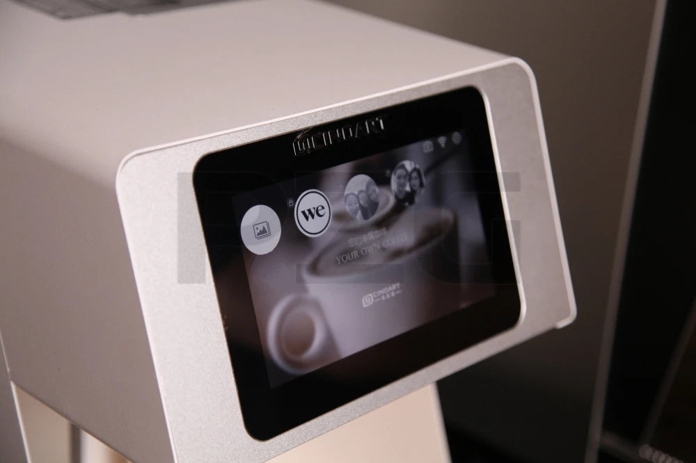 Cindart silver smart coffee printer with integrated digital touchscreen interface for custom latte art.