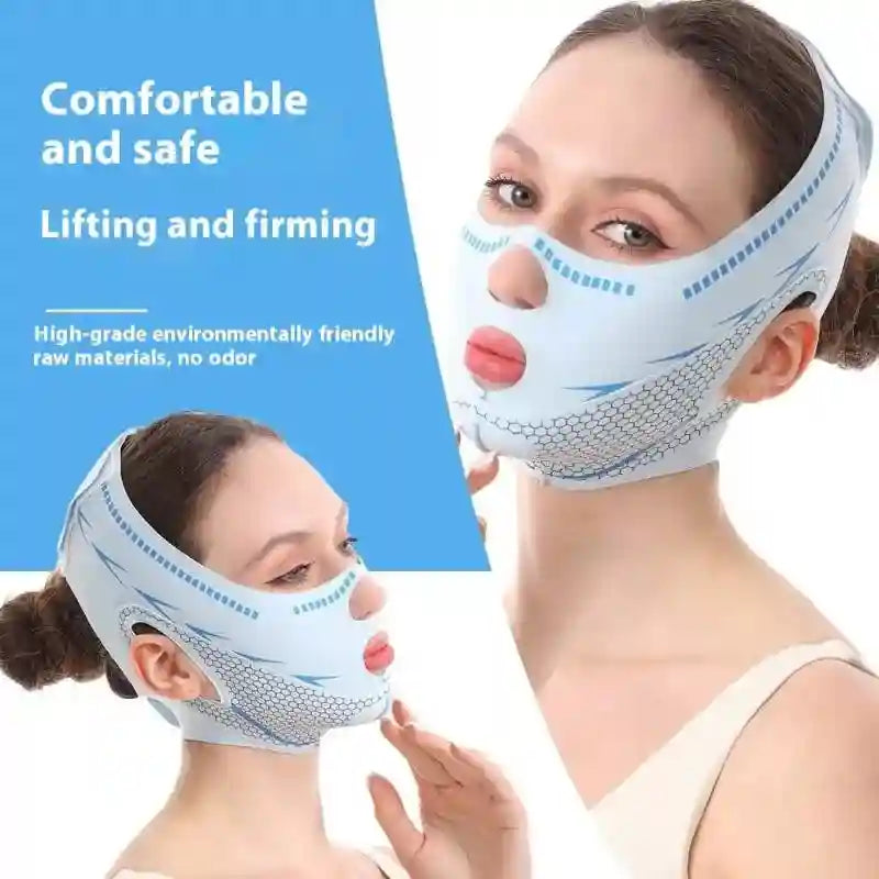 Light blue, breathable fabric face lifting strap with openings for eyes, nose, and mouth to firm facial contours.