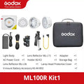 ML100R Kit1 lighting set including white LED light, two reflectors, power adapter, mount holder, and black storage bag.